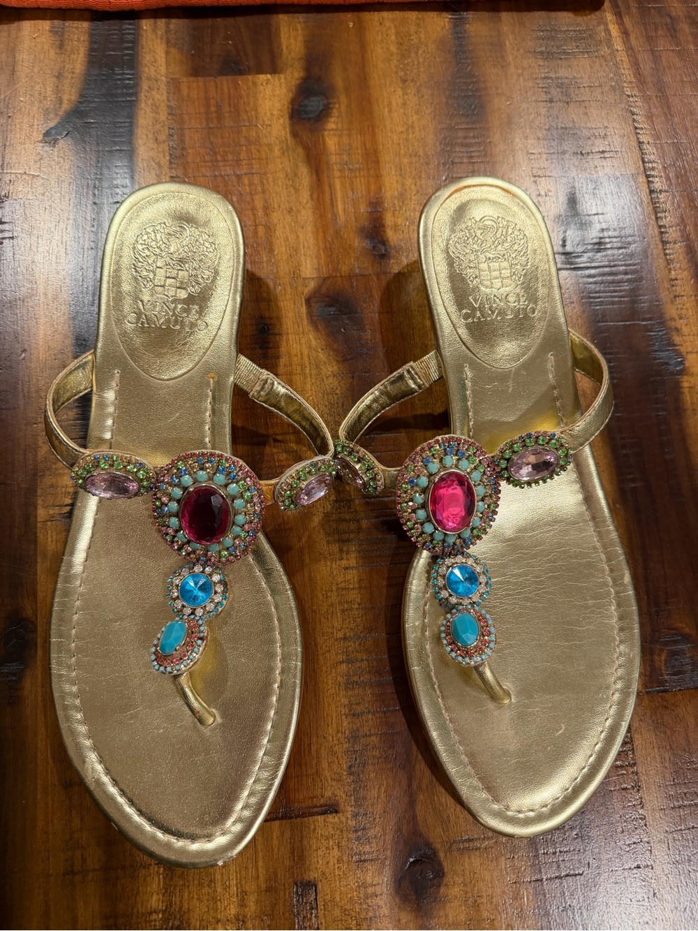 Vince Camuto Gold Sandal with Pink and Turquoise Gemstones